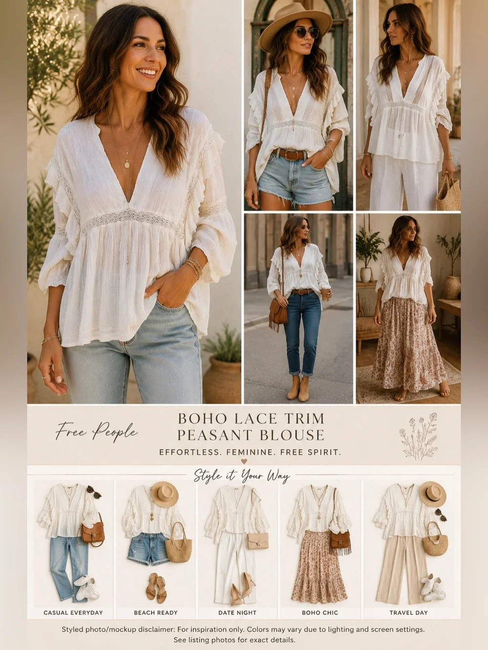 Free People White Gauze Lace Trim Boho Peasant Blouse Flutter Sleeve Medium